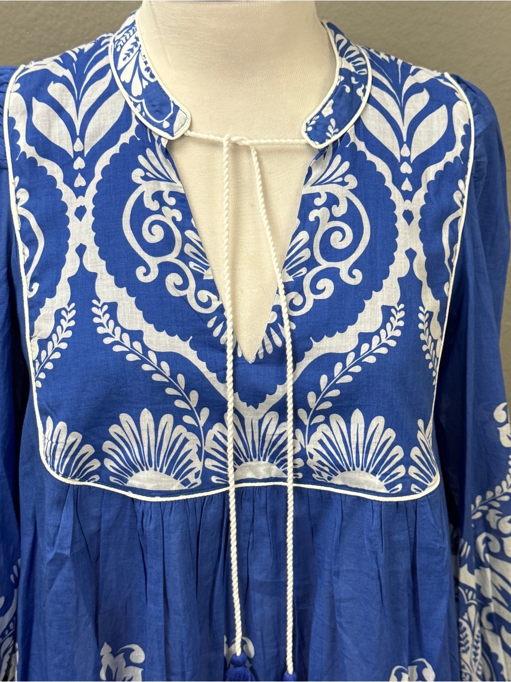 Boden NWT Blue White Boho Tie Neck Kaftan Dress Sz 2 Vacation Wedding Guest - Picture 15 of 15